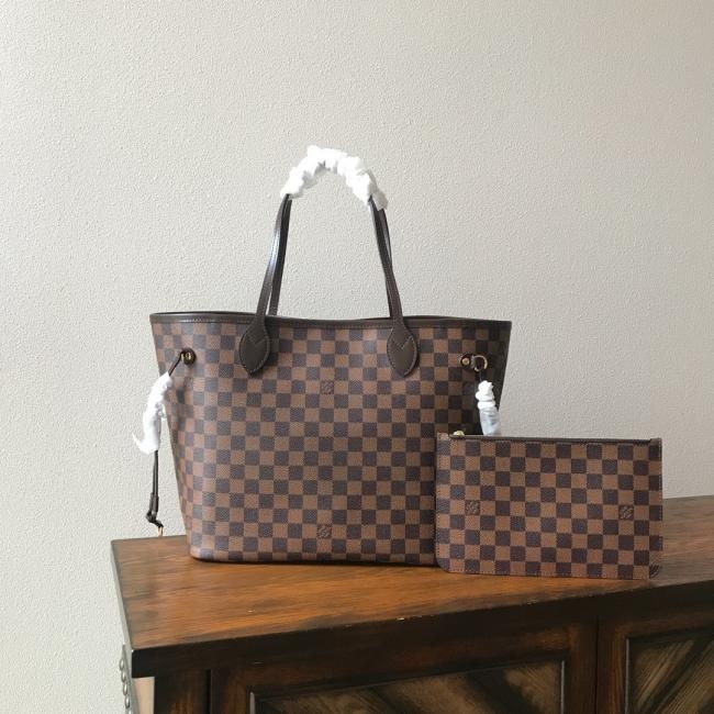 LV Neverfull N41358复刻版 中号咖啡格红里手提包