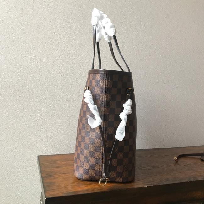 LV Neverfull N41358复刻版 中号咖啡格红里手提包