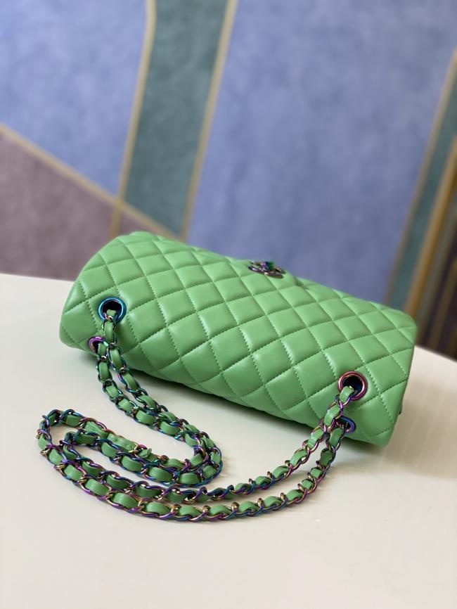 Chanel 新款彩色五金CF经典款绿色羊皮包25cm112绿彩扣