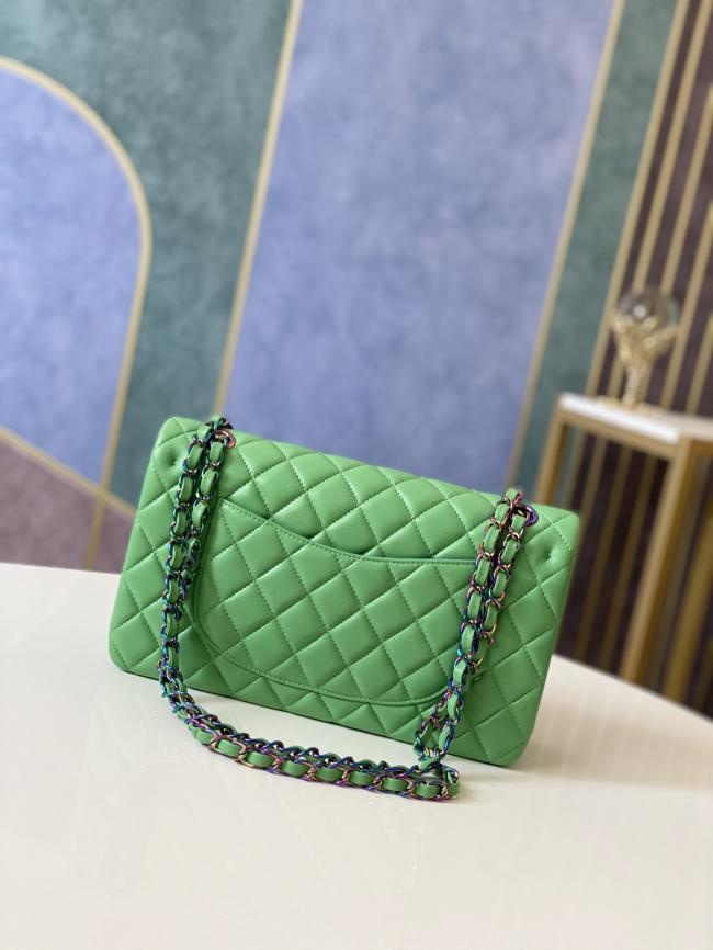 Chanel 新款彩色五金CF经典款绿色羊皮包25cm112绿彩扣