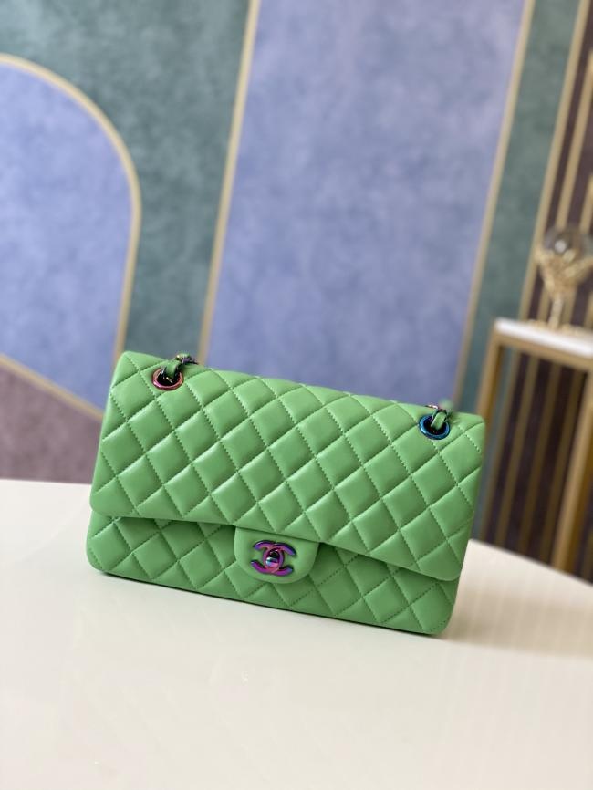 Chanel 新款彩色五金CF经典款绿色羊皮包25cm112绿彩扣