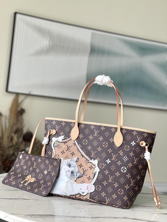 LV M40995 猫咪丝印 NEVERFULL 中号手袋全新演绎经典，32 x 29 x 17 cm