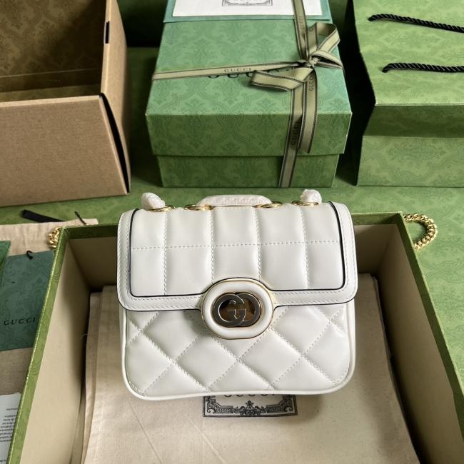 Gucci Deco系列7414迷你肩背包原厂皮，白色绗缝设计，重0.7kg