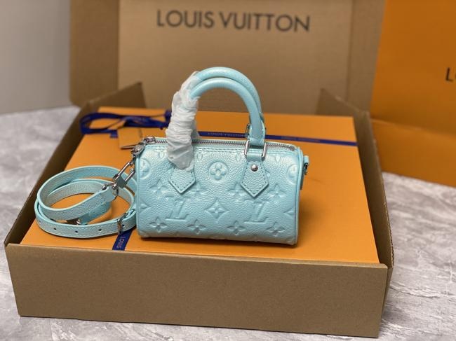 LV M82342珠光蓝全皮速度包Nano Speedy手袋 Monogram Empreinte压纹粒面皮革