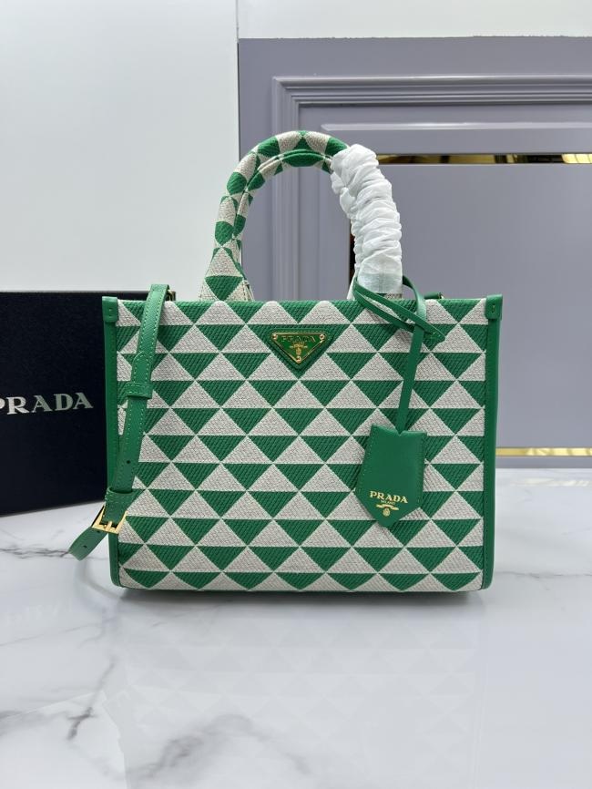 PRADA 刺绣织物托特包1BA354中号，Saffiano皮革长肩带设计