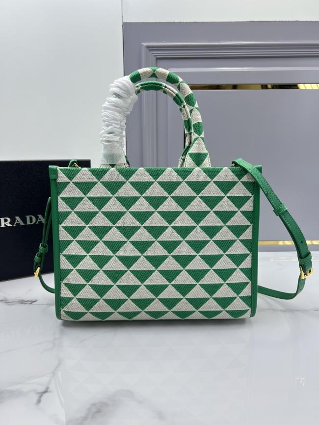 PRADA 刺绣织物托特包1BA354中号，Saffiano皮革长肩带设计